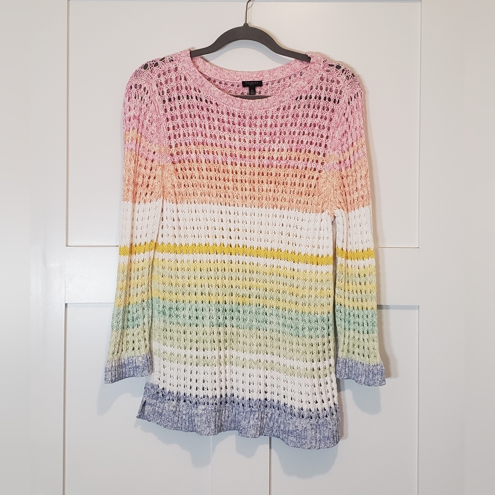 Talbots Open Stitch Cotton Pullover Knit Sweater Pastel Stripes Size Large Petit